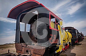 Rusty old steem train at train cemetery in Bolivia