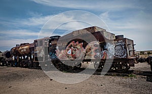 Rusty old steem train at train cemetery in Bolivia