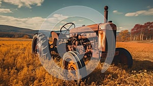 Rusty old tractor on the field. Generative AI