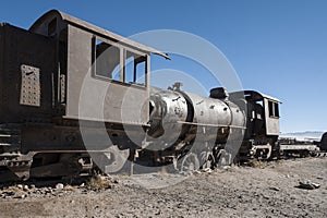 Rusty old trains at the Train Cemetery Cementerio de Trenes in Uyuni desert, Bolivia