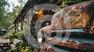 a rusty old truck in front of a building