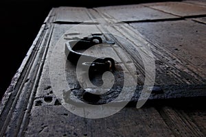 Rusty old wood lid and hinges of a chest.