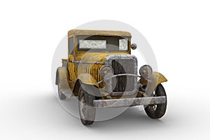 Rusty old yellow vintage farm pickup truck with peeling paintwork. 3D rendering isolated on white background