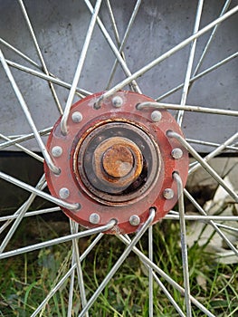 Rusty orange wheel rims are in the field with the wires in good condition still attached to the it.