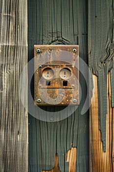 Rusty Outdoor Power Outlet on Weathered Wooden Wall