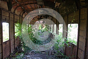 Rusty overgrown abandoned and destroyed train wagon. Echo of the Georgian-Abkhaz war