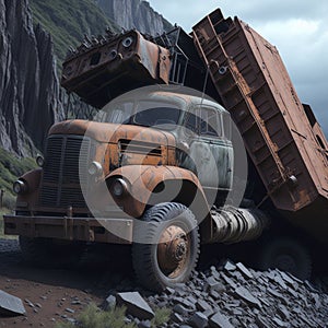 A rusty, overloaded loading truck, its tires barely gripping the asphalt, struggling to make its way up a steep hill.