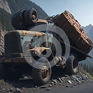 A rusty, overloaded loading truck, its tires barely gripping the asphalt, struggling to make its way up a steep hill.