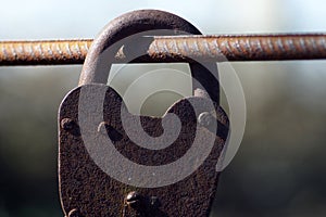 Rusty padlock. Old rusty lock with a key on a nature background, closeup