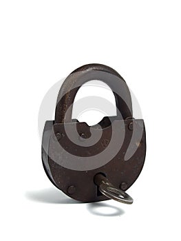 Rusty padlock over white