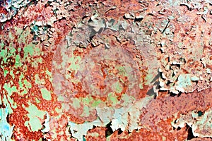 Rusty painted metal texture, old iron surface with shabby cracked paint and scratches, abstract grunge background, textured weathe