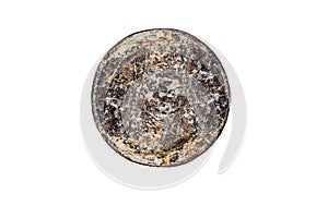 Rusty penny on isolated white background