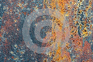 Rusty piece of old metal simple high quality grunge background texture, backdrop, blue red brown iron oxide rusted metal sheet