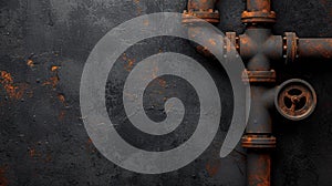 A rusty pipe with a valve on it next to an old wall, AI