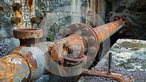 Rusty pipes protruding from an abandoned pump house no longer bringing water to the mineshaft photo