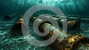 Rusty Pipes Underwater in Ocean Depths with Rays of Light photo