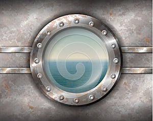 Rusty porthole with seascape