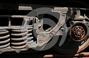 Rusty railway cart of wagon on railway tracks. Railway oblivion time