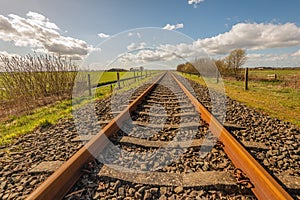 Rusty railway tracks in a desolate landscape