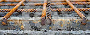 Rusty rebar protrudes from ground forming foundation of structure closeup. Rebar remains testament to strength and