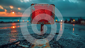 Rusty Red Sign on a Wet Road