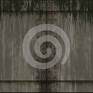 Rusty riveted metal plate wall covering seamless texture, grey color, green