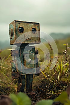 A rusty robot standing in a field of grass. Generative AI