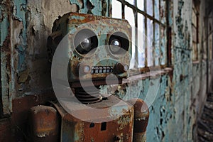 A rusty robot stands stoically in front of a window with metal bars, An old, rusty robot in an abandoned factory, AI Generated