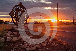 rusty route 66 sign with sun setting behind it