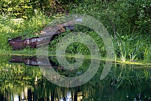 Rusty Rowboat In Green Weeds