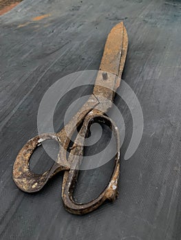 rusty scissors unused on a gray background in the barn