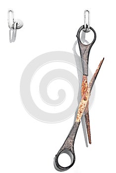 Rusty scissors on white