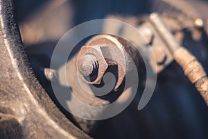 Rusty and nut macro in old rusted engine