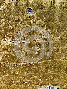 Old yellow grunge metal wall with red rust, background texture