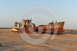 Rusty ship of Aral Sea fishing fleet