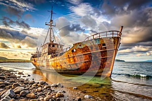 Rusty Ship on the Shore Abandoned Vessel by the Sea