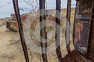 Rusty ships at the ship graveyard in former Aral sea port town Moynaq Mo ynoq or Muynak , Uzbekist