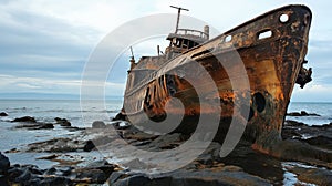 Rusty shipwreck on rocky shore