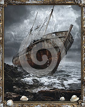 Rusty Shipwreck on Stormy Shore