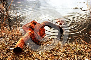 A rusty silencer, thrown to drown in a pond.