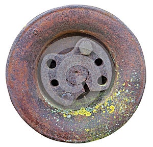 Rusty solid iron   wheel from an retro tractor with yellow  lichen spots  isolated