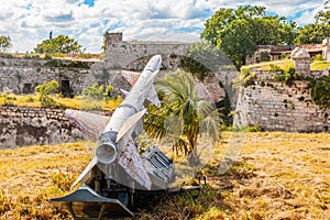 Rusty Soviet missile from 1962 Carribean crisis standing in la Cabana fortress, Havana, Cuba