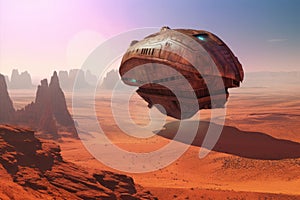 a rusty spaceship soaring through a desert, with an alien city in the distance. The illustration depicts a captivating fantasy 3D