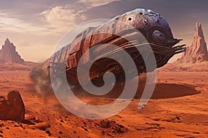 a rusty spaceship soaring through a desert, with an alien city in the distance. The illustration depicts a captivating fantasy 3D