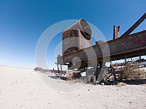 Rusty steam locomotive near Uyuni in Bolivia. Cemetery trains