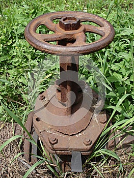 Rusty steel water tap in the green and dry grass