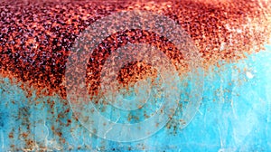 Rusty surface of blue metal plate. Rust on old colored metal mailbox. Grunge rust stained metal background.
