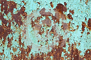 Rusty surface of metal plate with blue cracked color paint. Rust on old colored metal. Old blue fence. Grunge ruststained metal