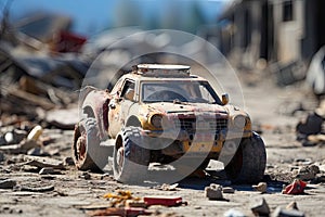 a rusty toy car sitting in the dirt