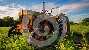 Rusty tractor idle in overgrown field under open sky